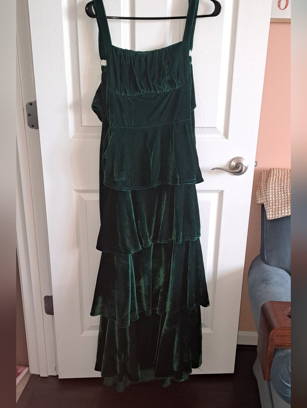 Green Velvet Tiered Maxi Dress, S - Picture 3 of 7